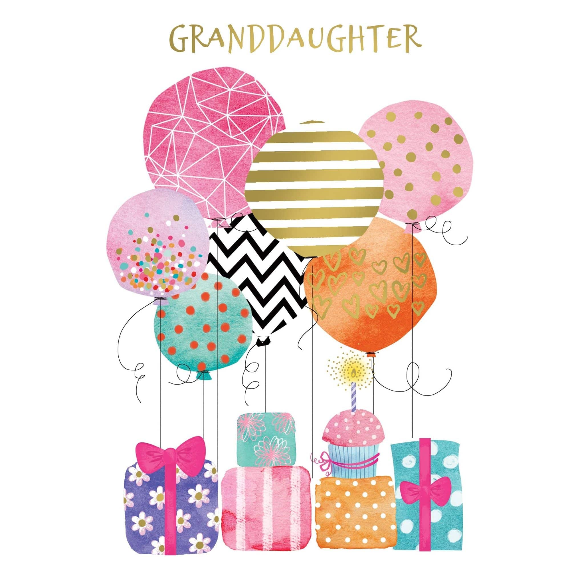 Colorful balloons and gifts birthday card for granddaughter by Pictura, featuring cheerful illustrations for special celebrations.